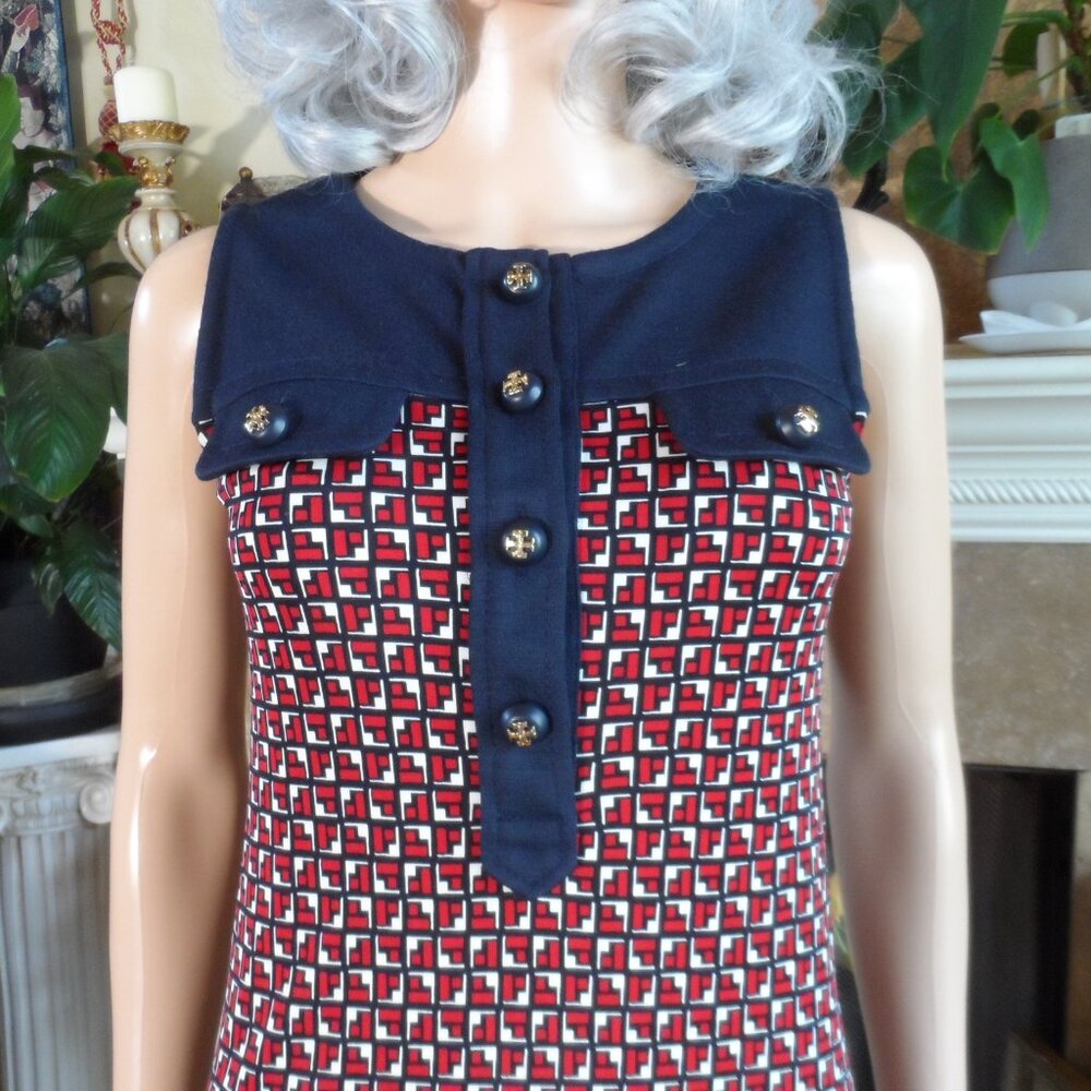 Tory Burch Silk/Wool Navy Blue/Red/White Print Sheath Dress Size XS - Picture 6 of 16